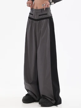 LGRQ 2023 Sonbahar Moda kadın pantolonları Yeni Patchwork Kontrast Renk Gevşek Yüksek Bel Cepler Düz Pantolon Kadın 19J2554