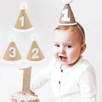 Çuval bezi doğum günü şapkası Kafa Bandı Bebek 1 2 3 Yıl Erkek Kız Yenidoğan Keten Kafa Bandı Bebek Mutlu Doğum Günü Partisi Süslemeleri Çocuklar Hediye