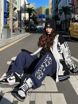 QWEEK Hip Hop Y2K Mektubu Baskı Mavi Koşu Sweatpants Kadın Harajuku Streetwear Boy Geniş Bacak Spor Pantolon Baggy Pantolon