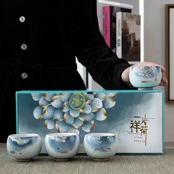 Ru Tesisat çay bardağı Seramik Kung Fu çay Bardağı Tek Ana Bardak Ru-Porselen Gracked Sır 4 Bei Tao Zhuang Hediyeler Tören Fincan