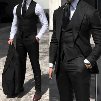 2022 Yeni Tasarım Siyah Damat Giyim Erkek Takım Elbise Slim Fit Smokin Düğün İş Blazer Seti 3 Parça Ceket + Pantolon + Yelek Kostüm Homme