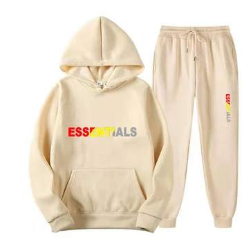 Essentials Erkekler Kadınlar Kapüşonlu Sweatshirt Seti Sonbahar Kış Saf Pamuk Çift Koşu Tişörtü Boy Streetwear Eşofman
