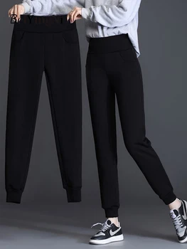 Beiyingni Kış Kalın Siyah Yüksek Bel kadın pantolonları Gevşek Sıcak Polar Sweatpants Kadın Harajuku Vintage Pantolon Kadın Kıyafetleri
